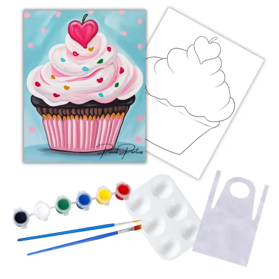 "Heart Cupcake" DIY Canvas Art Kit, Adult Beginner, Acrylic Paint Size 11x14 inch {1}