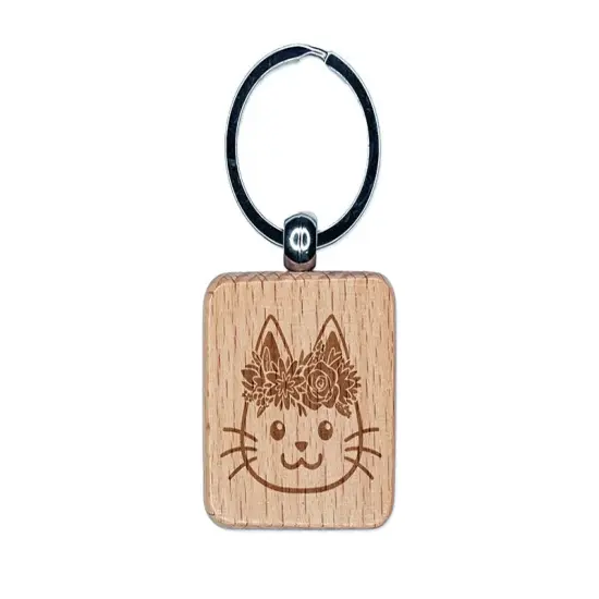 Cat Wearing a Flower Crown Engraved Wood Square Keychain Tag Charm {1}