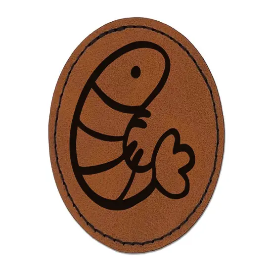 Sea Shrimp Round Iron-On Engraved Faux Leather Patch Applique - 2.5" Brown {1}