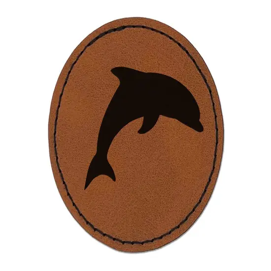 Dolphin Solid Round Iron-On Engraved Faux Leather Patch Applique - 2.5" Brown {1}