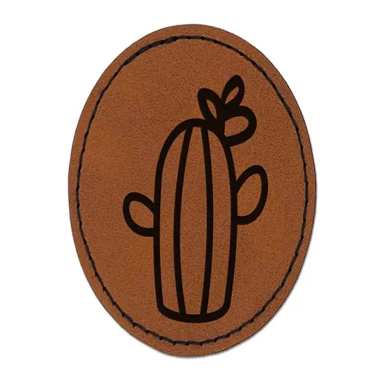 Cactus Succulent with Flower Doodle Round Iron-On Engraved Faux Leather Patch Applique - 2.5" Brown {1}
