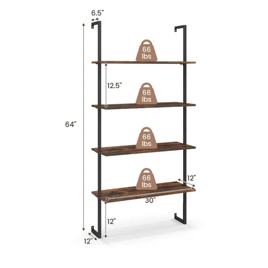Costway 2 PCS 4-Tier Ladder Shelf Bookshelf Industrial Wall Shelf with Metal Frame Rustic {3}