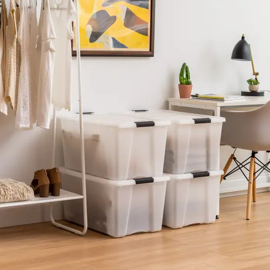 IRIS USA 72 Qt Stackable Plastic Storage Bins with Lids, 4 Pack - BPA-Free, Made in USA - Discreet Organizing Solution, Latches, Durable Nestable Containers, Secure Pull Handle - Pearl {6}