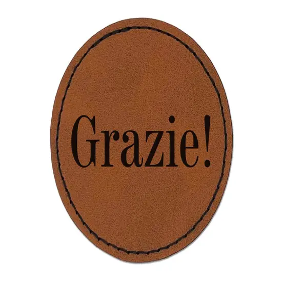 Grazie Italian Thank You Round Iron-On Engraved Faux Leather Patch Applique - 2.5" Brown {1}
