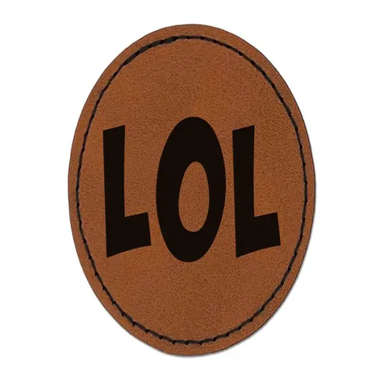 LOL Laughing Fun Text Round Iron-On Engraved Faux Leather Patch Applique - 2.5" Brown {1}