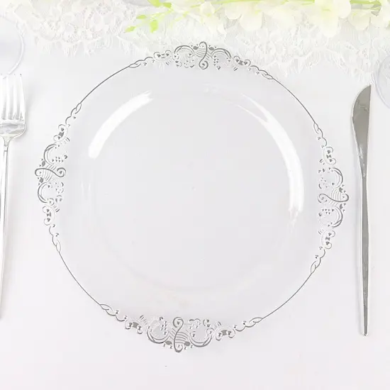 10 Pcs Disposable Plastic Salad Dinner Plates Embossed Baroque Trim Party Clear and silver {1}