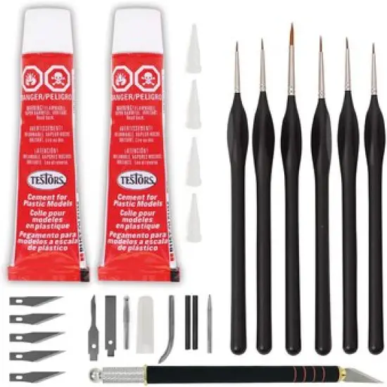Testors Cement Plastic Model Glue Adhesive 2-Pack, 6 Fine Detail Miniatures Paint Brushes, Precision Crafting Knife with Extra Blades and Tips {1}