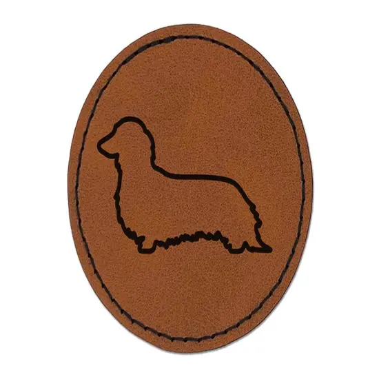 Long Haired Dachshund Dog Outline Round Iron-On Engraved Faux Leather Patch Applique - 2.5" Brown {1}
