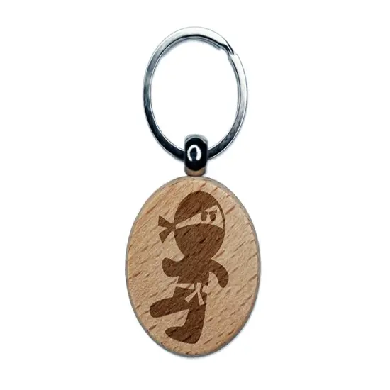 Cute Fighting Ninja Engraved Wood Round Keychain Tag Charm {1}