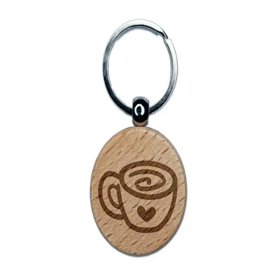 Swirly Latte Coffee Mug with Heart Engraved Wood Round Keychain Tag Charm {1}