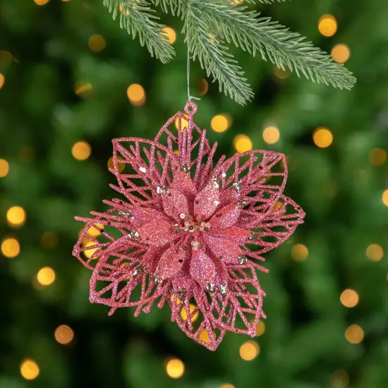 Northlight Pack of 4 Glittered Pink Poinsettia Christmas Ornaments 6" {4}