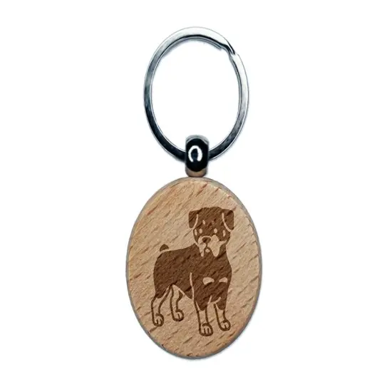 Rottweiler Rottie Standing Dog Engraved Wood Round Keychain Tag Charm {1}