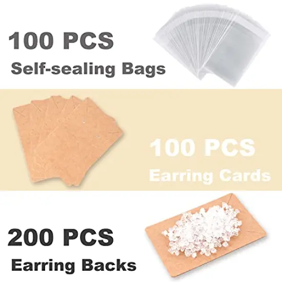 100 Pieces Earring Holder Cards 200 Pieces Earring Backs and 100 Jewelry Packaging for Earrings Necklace Jewelry Bags 3.5x2.4 Inches (Brown) {6}
