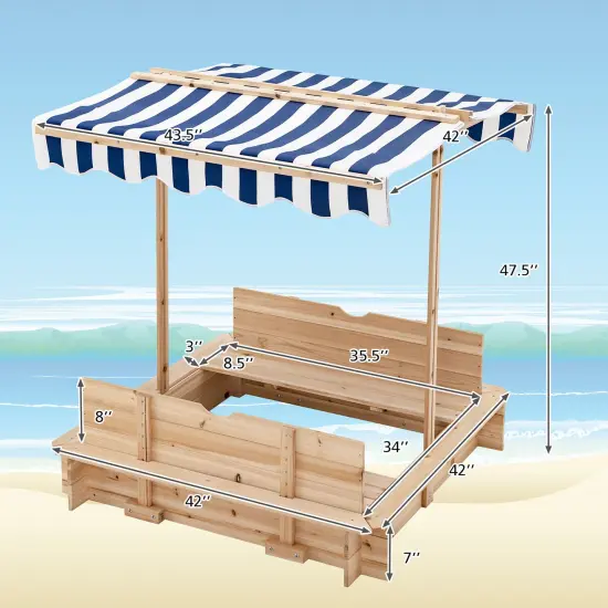 Kids Wooden Sandbox with Canopy and Foldable Bench Seats {4}