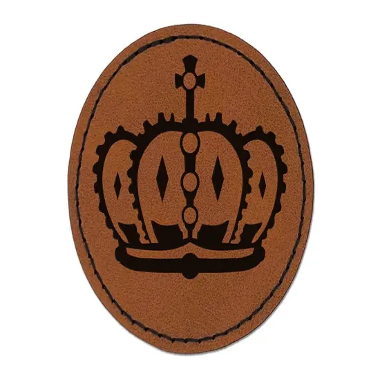 King Queen Royal Crown Round Iron-On Engraved Faux Leather Patch Applique - 2.5" Brown {1}