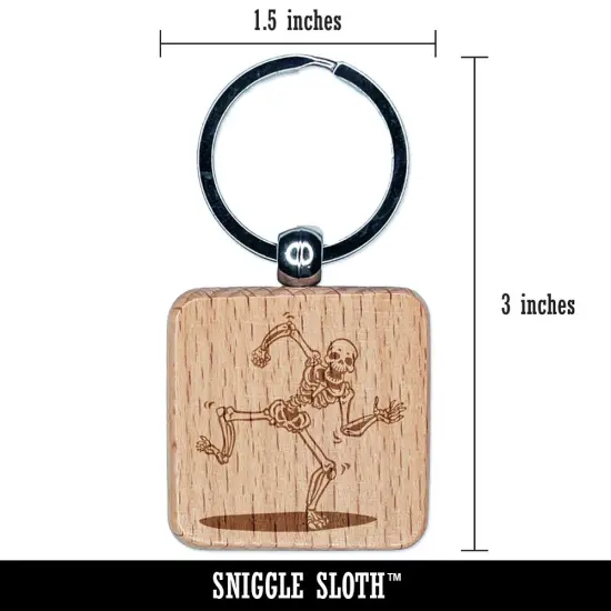 Happy Spooky Dancing Skeleton Bones Engraved Wood Square Keychain Tag Charm {2}