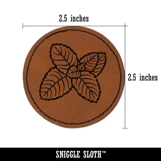 Mint Herb Plant Round Iron-On Engraved Faux Leather Patch Applique - 2.5" Brown {3}