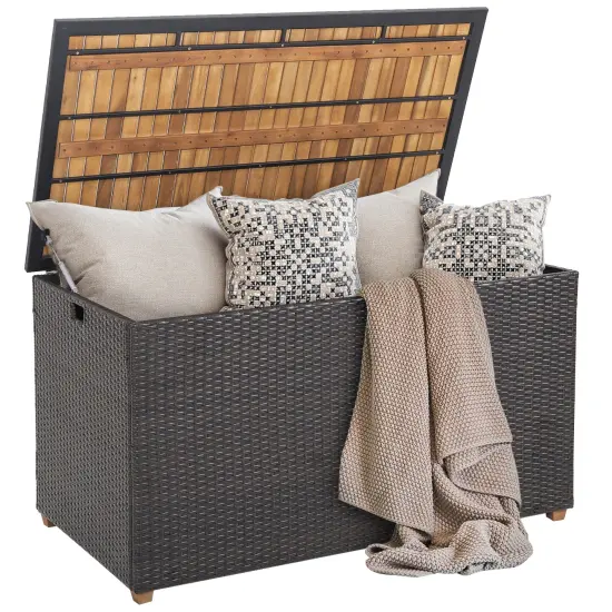 134 Gallon Rattan Storage Box with Zippered Liner and Solid Acacia Wood Top {4}