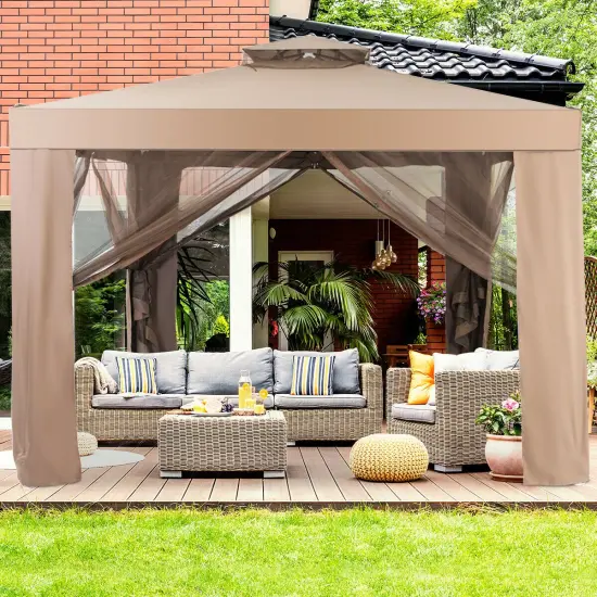 Canopy and Garden Structures Gazebo with Netting for Outdoors-Brown Beige {4}