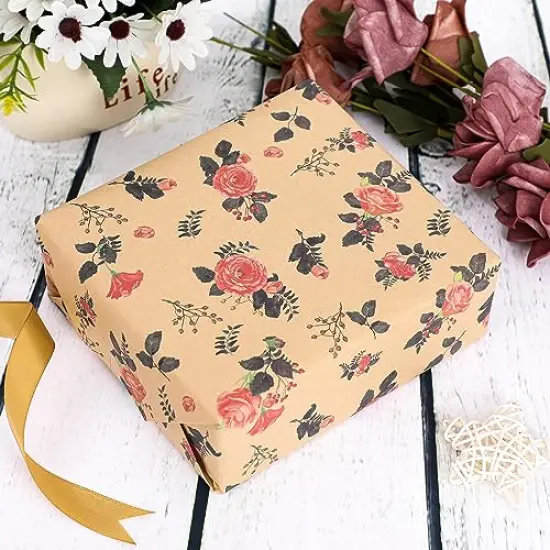 12 Pieces Wrapping Paper of Floral Design Folded Kraft Wrapping Paper 12 Sheets Recycled Gift Wrap for Birthday, Wedding, Holiday, Party, and Baby Shower Precut 20" X 29" {6}