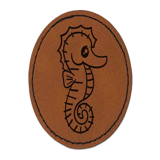 Kawaii Seahorse Round Iron-On Engraved Faux Leather Patch Applique - 2.5" Brown {1}