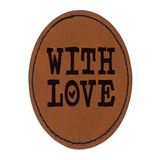 With Love Heart Fun Text Round Iron-On Engraved Faux Leather Patch Applique - 2.5" Brown {1}