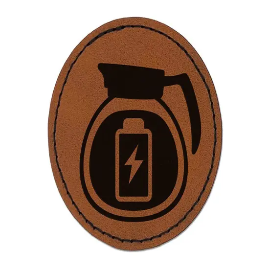 Charging Power Coffee Pot Round Iron-On Engraved Faux Leather Patch Applique - 2.5" Brown {1}