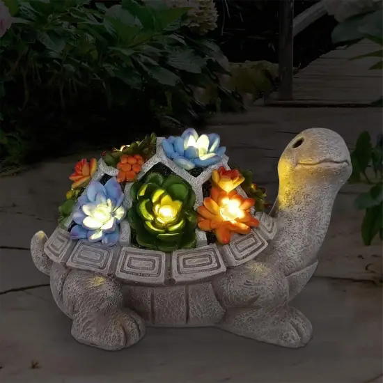 Solar Garden Outdoor Statues Turtle with Succulent and 7 LED Lights - Lawn Decor Tortoise Statue for Patio, Balcony, Yard Ornament - Unique Housewarming Gifts {2}
