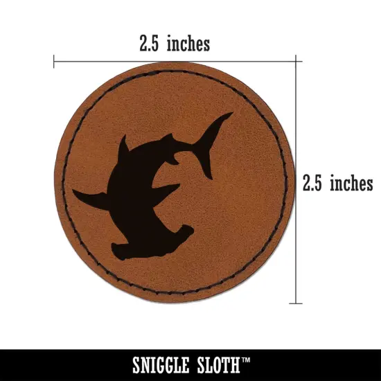 Hammerhead Shark Silhouette Round Iron-On Engraved Faux Leather Patch Applique - 2.5" Brown {3}