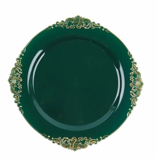 10 Pcs Disposable Plastic Salad Dinner Plates Embossed Baroque Trim Party Hunter green {1}
