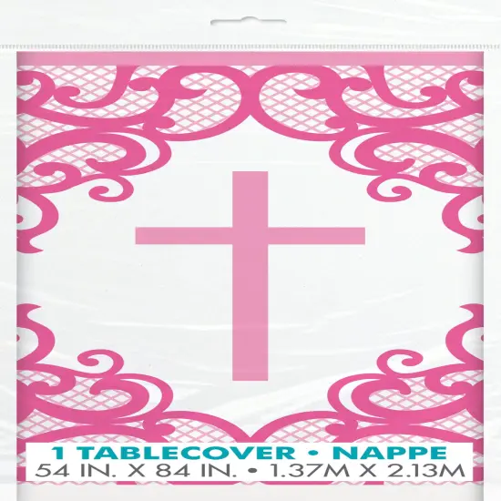 Fancy Pink Cross Rectangular Plastic Table Cover, 54" x 84", 1ct {1}