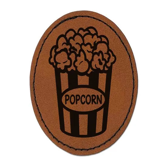 Big Bucket of Popcorn Movie Theater Round Iron-On Engraved Faux Leather Patch Applique - 2.5" Brown {1}