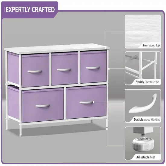 Sorbus Dresser with 5 Drawers - Storage Chest Organizer Unit with Steel Frame, Wood Top, Easy Pull Fabric Bins - Long Wide TV Stand for Bedroom Furniture, Hallway, Closet & Office Organization Purple {4}