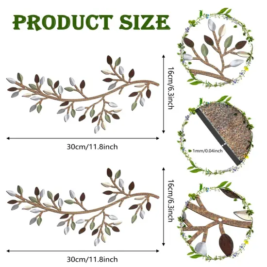 2 PCS Metal Tree Leaf Wall Decor Vine Olive Branch Wall Art Wrought Iron Scroll Sculptures Above the Bed, Living Room, Outdoor Decoration Multicolor {1}