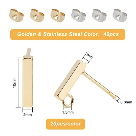 40 Pieces Hypoallergenic Stud Earring with Loop Rectangle Earring with Ear Nut 0.8mm Pin Stainless Steel Earring Posts for DIY Earrings Jewelry Making {5}