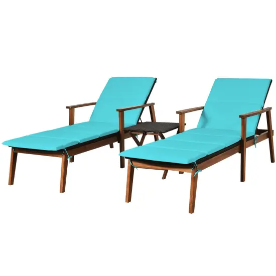 3 Pieces Portable Patio Cushioned Rattan Lounge Chair Set with Folding Table-Turquoise {4}