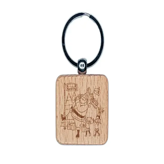 Santa Claus and Elves Loading Gifts into Bag Engraved Wood Square Keychain Tag Charm {1}