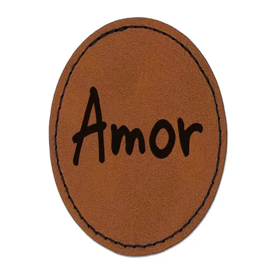Amor Love Spanish Round Iron-On Engraved Faux Leather Patch Applique - 2.5" Brown {1}