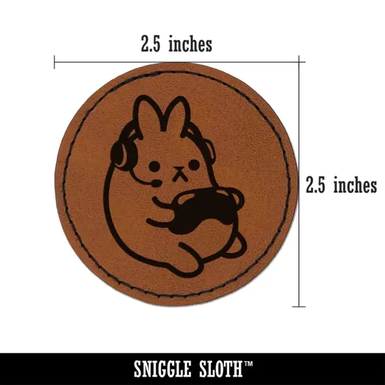 Geek Gamer Bunny Rabbit Playing Console Games Round Iron-On Engraved Faux Leather Patch Applique - 2.5" Brown {2}