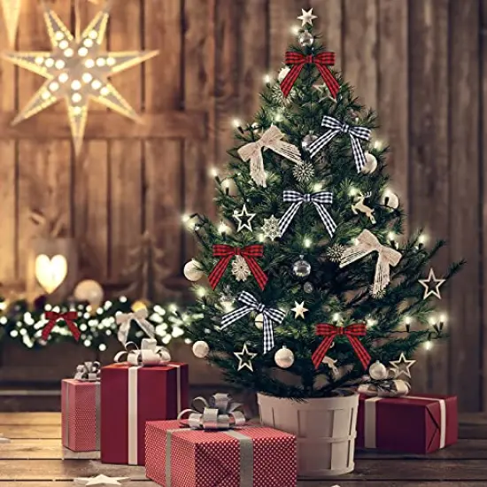 Christmas Mini Burlap Bow Buffalo Plaid Bow White and Black Checkered Bows Red and Black Gingham Ribbon Bows Farmhouse Home Decoration for Christmas Tree DIY Crafts, 3 Colors (120 Pieces) {2}