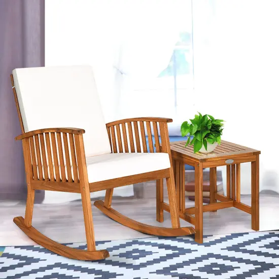 Costway 2PCS Acacia Wood Patio Rocking Chair Set Cushioned Coffee Table {4}