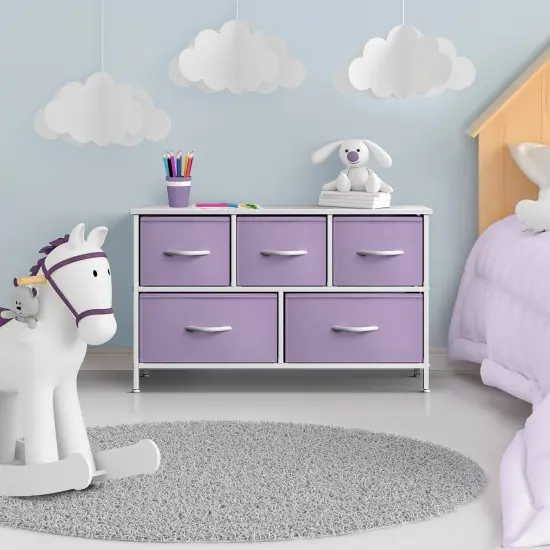 Sorbus Dresser with 5 Drawers - Storage Chest Organizer Unit with Steel Frame, Wood Top, Easy Pull Fabric Bins - Long Wide TV Stand for Bedroom Furniture, Hallway, Closet & Office Organization Purple {3}