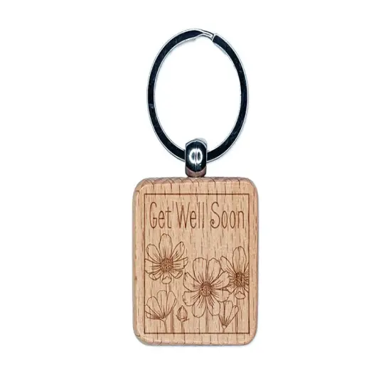 Get Well Soon Cosmos Flowers Drawing Engraved Wood Square Keychain Tag Charm {1}