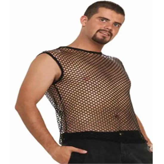 Adult Black Costume Fishnet Retro 80s Hip Hop Sleeveless Mesh Shirt {1}