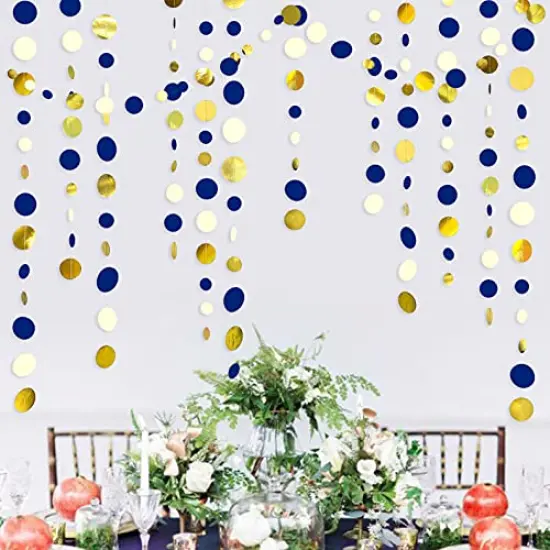 4 Set of Royal blue gold - 46 Ft Navy Blue and Gold Circle Dots Garland Royal Blue Hanging Paper Polka Dot Streamer for Birthday Wedding Bridal Baby Shower Graduations Nautical Ahoy Achor Pirate Theme Party Decorations Supplies {5}