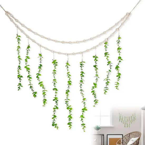 Boho Wall Decor Artificial Hanging Eucalyptus Wooden Beads Garland Eucalyptus Greenery Decoration for Bedroom Bathroom, Living Room, Office, Home, Wedding {1}