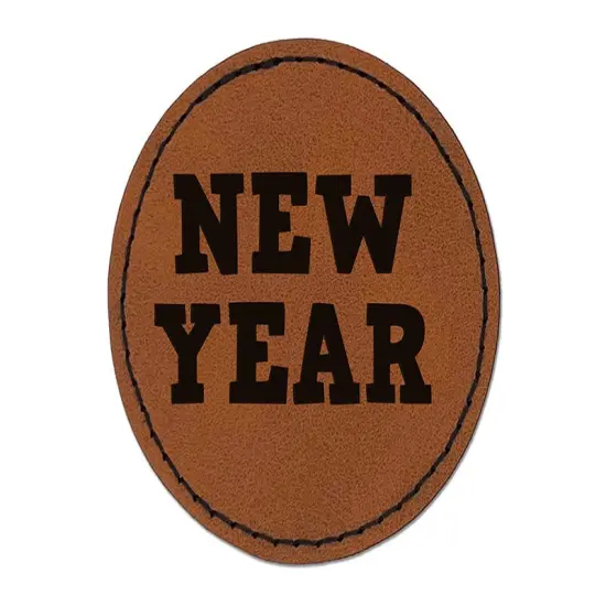 New Year Fun Text Round Iron-On Engraved Faux Leather Patch Applique - 2.5" Brown {1}