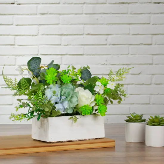 Northlight Hydrangea and Rose Artificial Floral Arrangement in Planter - 14" - Blue and White Green {3}