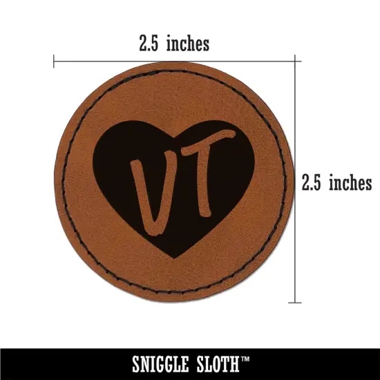 VT Vermont State in Heart Round Iron-On Engraved Faux Leather Patch Applique - 2.5" Brown {3}