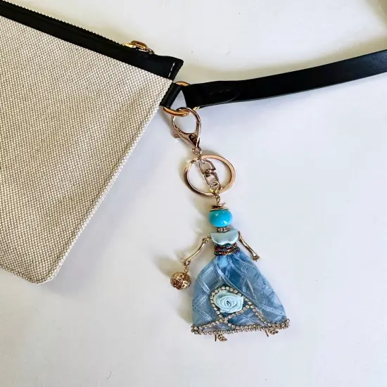 Wrapables Hanging Fashionista Doll Keychain, Crystal Rhinestone Keyring Bag Charm, Blue Rose {5}